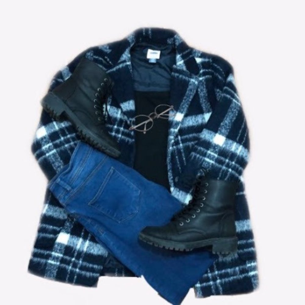 Old Navy Blue White Plaid Wool Blend